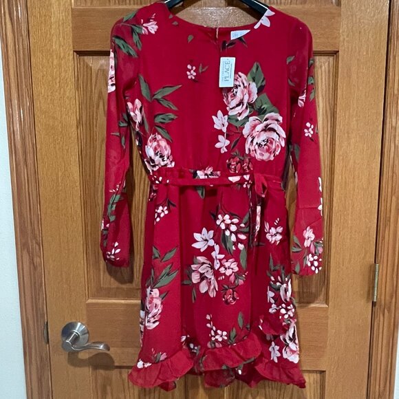 The Children's Place Other - THE CHILDREN'S PLACE Girl's XXL 16 Long Sleeve Red Floral Tie Ruffle Dress NWT
